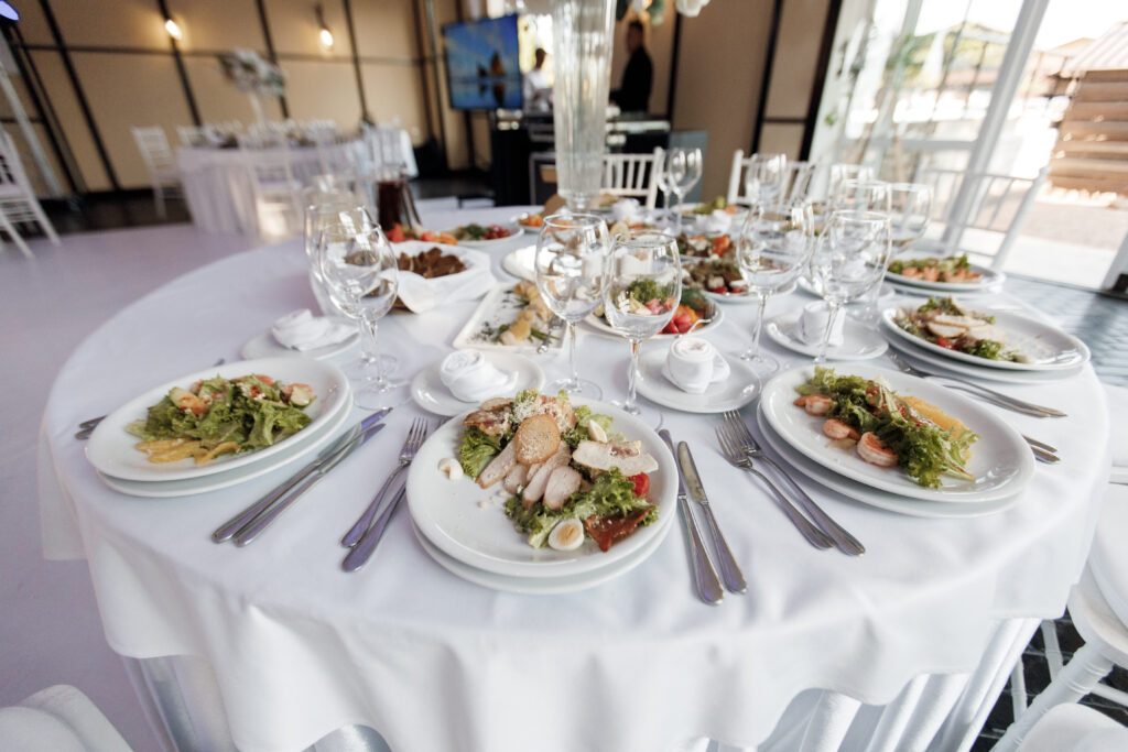 Elegant catering setup with beautifully presented dishes at a sophisticated event