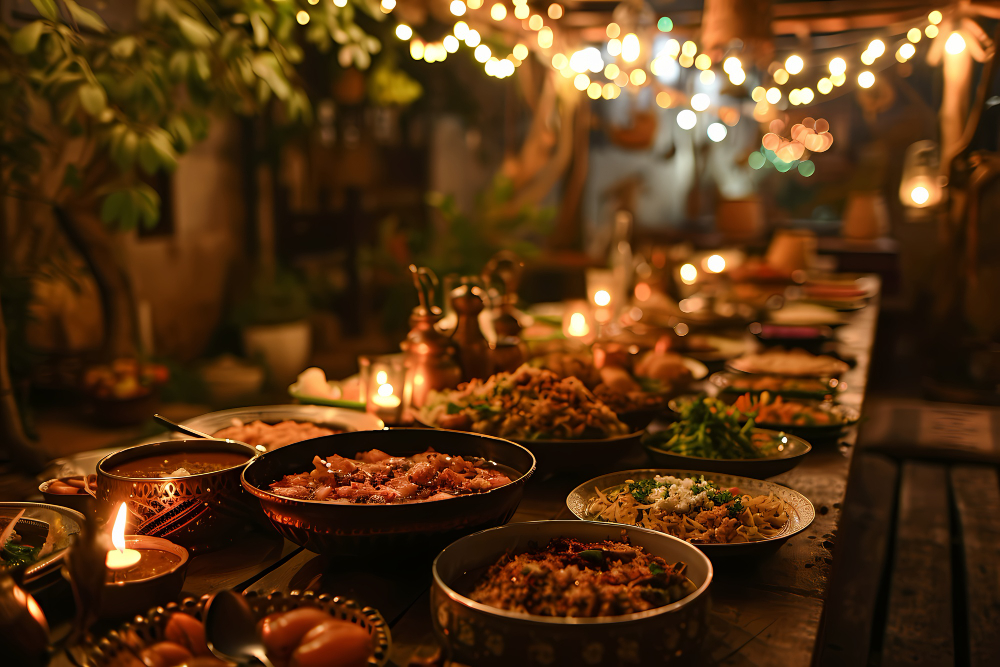 Elegant wedding catering in Abu Dhabi with vibrant, culturally rich food display