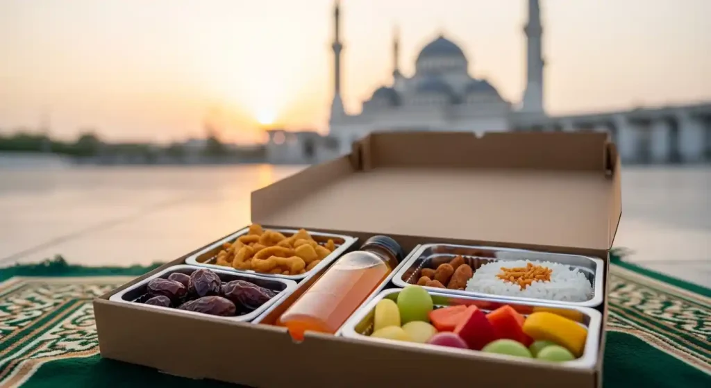 A premium iftar box from XL Catering in Abu Dhabi, featuring a balanced meal with grilled meats, fresh salads, dates, and traditional Arabic dishes, perfectly arranged for breaking the fast.