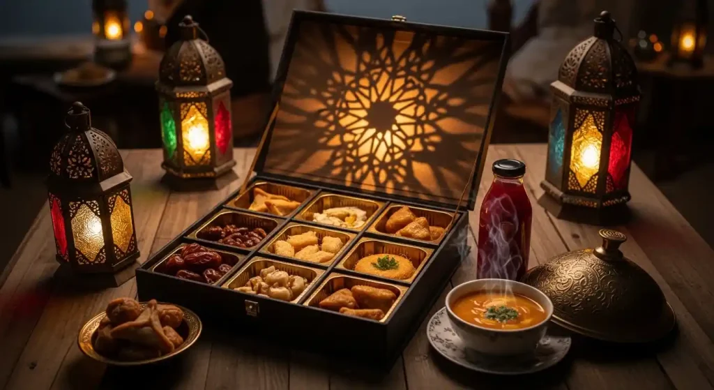 Elegant spread of Iftar catering in Abu Dhabi featuring dates, traditional dishes, and drinks on a serving table.