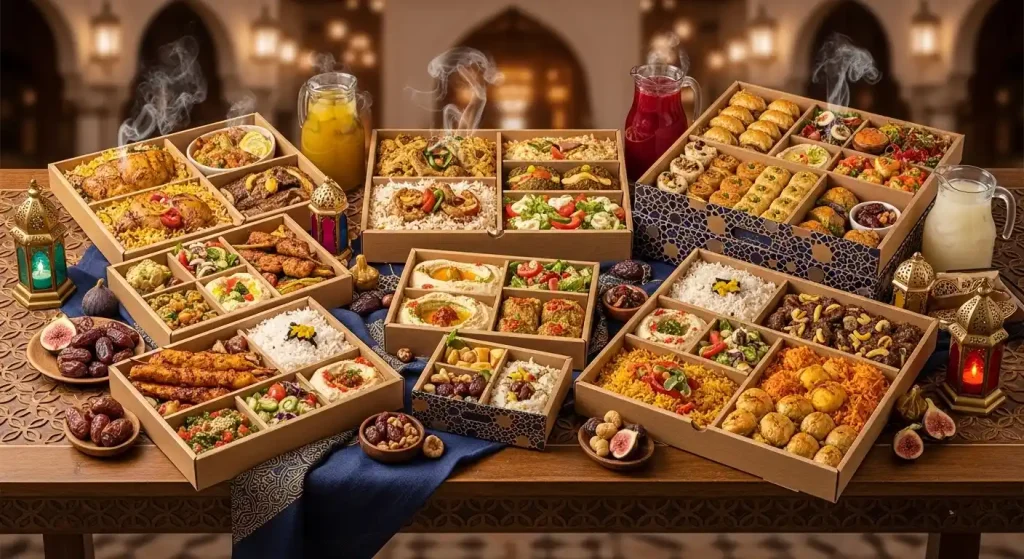 Person ordering an online iftar box delivery on a smartphone in the UAE.