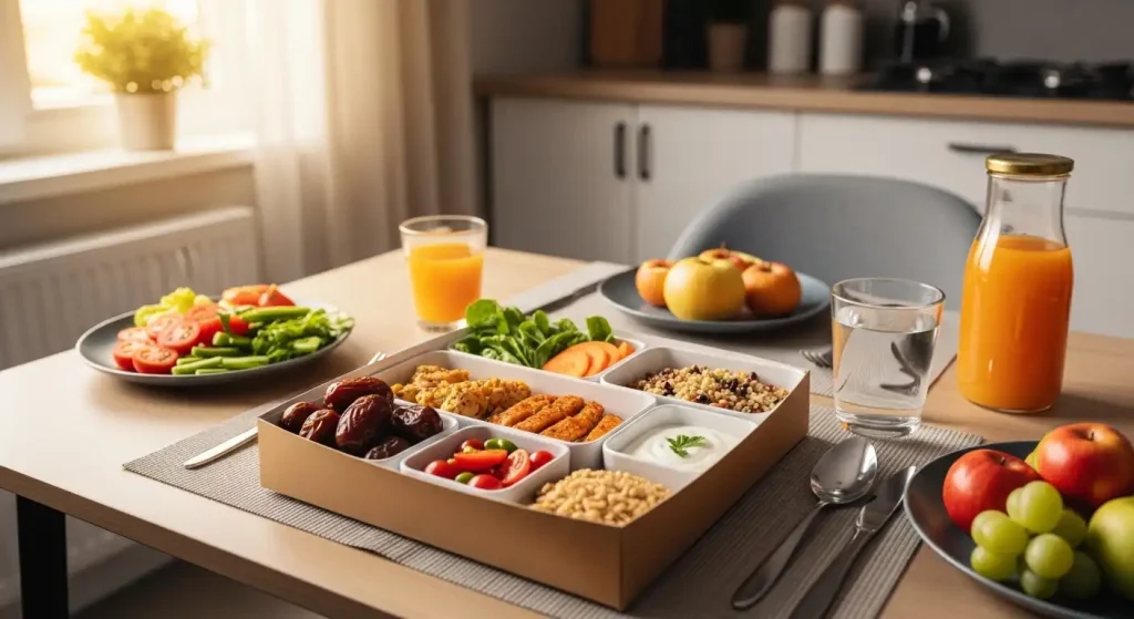 Nutritionally balanced iftar kit box containing dates, soup, grilled chicken, and vegetables for healthy Ramadan catering in Dubai.