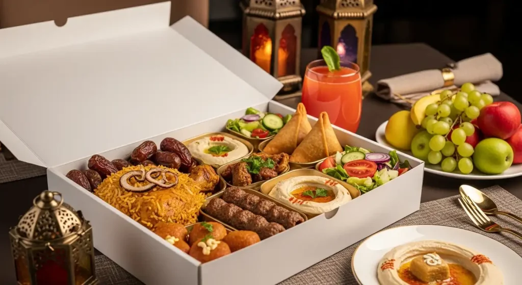 Stacked charity iftar meal boxes being prepared for community distribution by a catering partner in Abu Dhabi, ensuring fresh and nutritious meals for those in need during Ramadan.