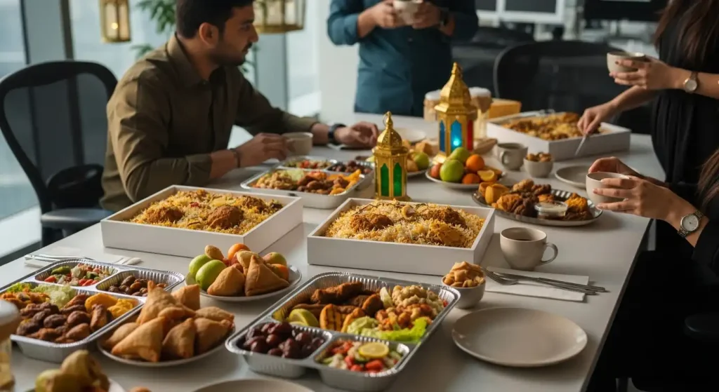 Professionally presented corporate iftar meal boxes in a Dubai office setting, ready for a team to break their fast