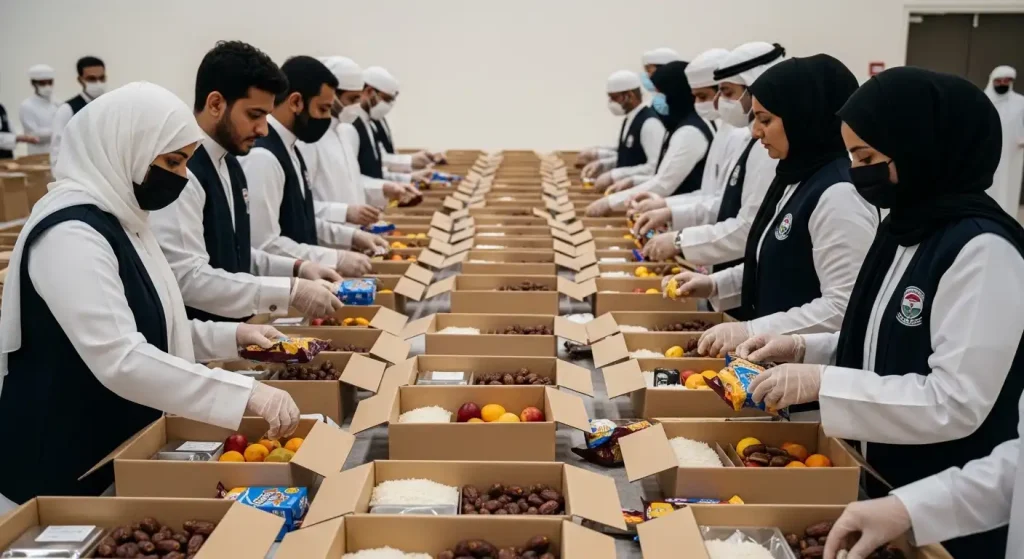 A group of volunteers in Abu Dhabi distributing festive iftar charity meal boxes to a community during Chaand Raat